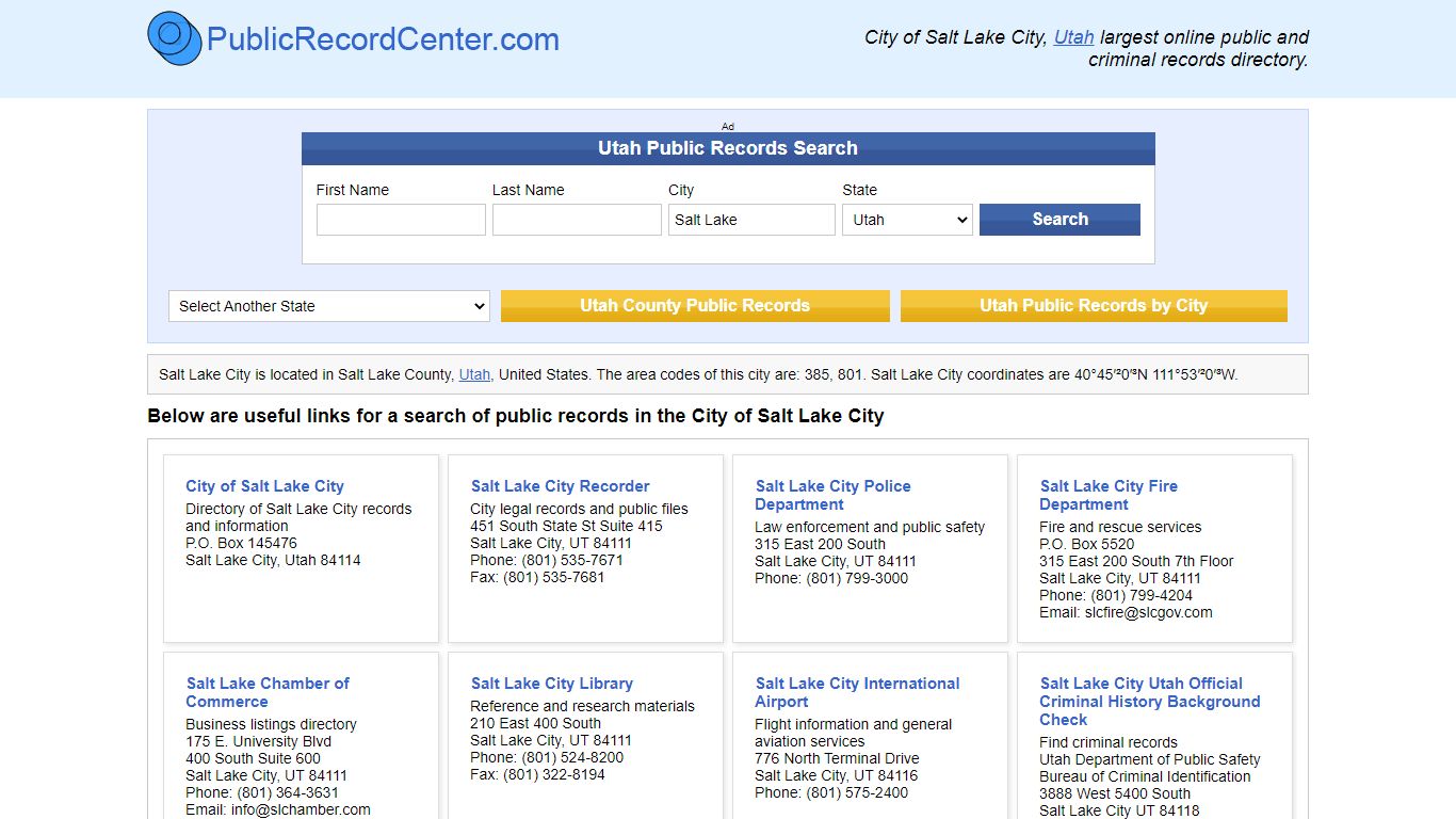 Salt Lake City Utah Public Records and Criminal Background Check